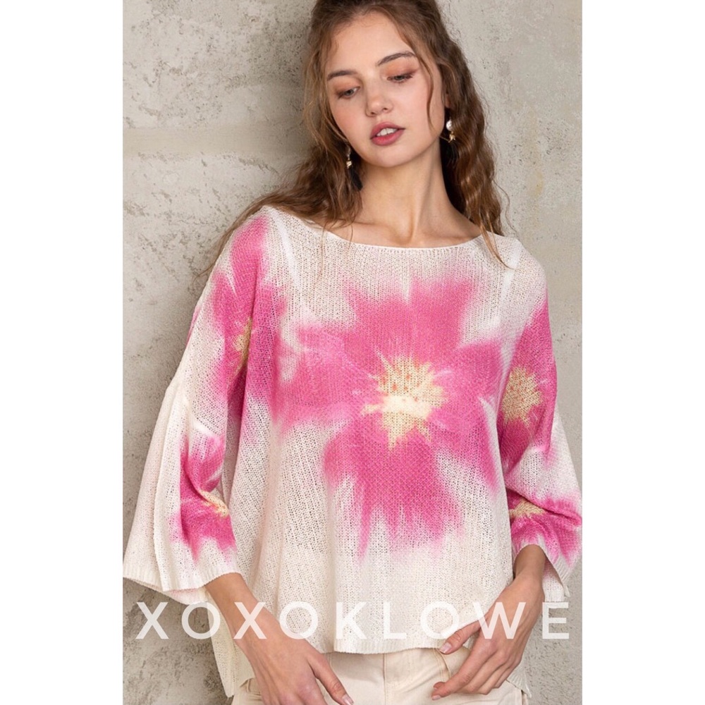 LAST ONE POL Pink Floral Print Wide Neck Lightweight Sweater Oversized - Picture 10 of 16